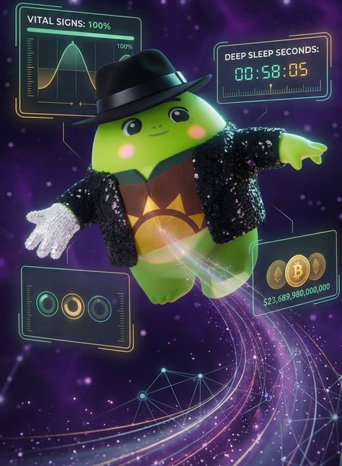 A green cartoon mascot character wearing a black hat and sequined jacket, surrounded by holographic displays showing 'VITAL SIGNS: 100%', 'DEEP SLEEP SECONDS: 00:58:05', and $23,689,980,000,000 in crypto.