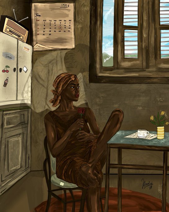A digital illustration depicts a young woman in a brown dress sitting on a chair, holding a red rose, in a kitchen with a calendar showing 1996 June and a vintage radio.