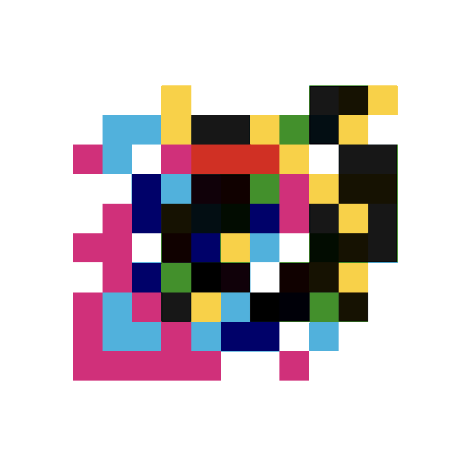 A colorful abstract pixel art composition made of blocks in pink, yellow, blue, green, black, and red.