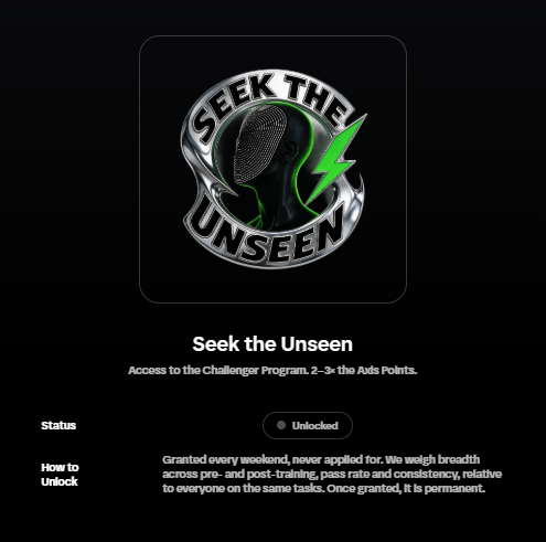 The image displays a "Seek the Unseen" badge with a masked figure and green lightning bolt design, marked as "Unlocked" with a description indicating it grants access to the Challenger Program and 2-3x Ads Points. It relates to the post by showcasing a newly earned achievement badge from @axisrobotics, highlighting the exclusivity of the "Seek the Unseen" recognition among its 300+ holders.