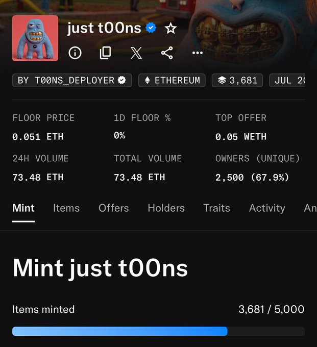 A screenshot of the NFT collection "just t00ns" displaying a floor price of 0.051 ETH, 24H volume of 73.48 ETH, and 3,681/5,000 items minted, which the post uses to criticize the mint as underwhelming given buyers are selling at minimal profit after months of promotion and shilling.