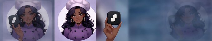 Four digital character portraits of a dark-skinned woman with curly hair in a chef's outfit and hat, holding a black square logo with a white "J" shape, set against various blurred backgrounds.