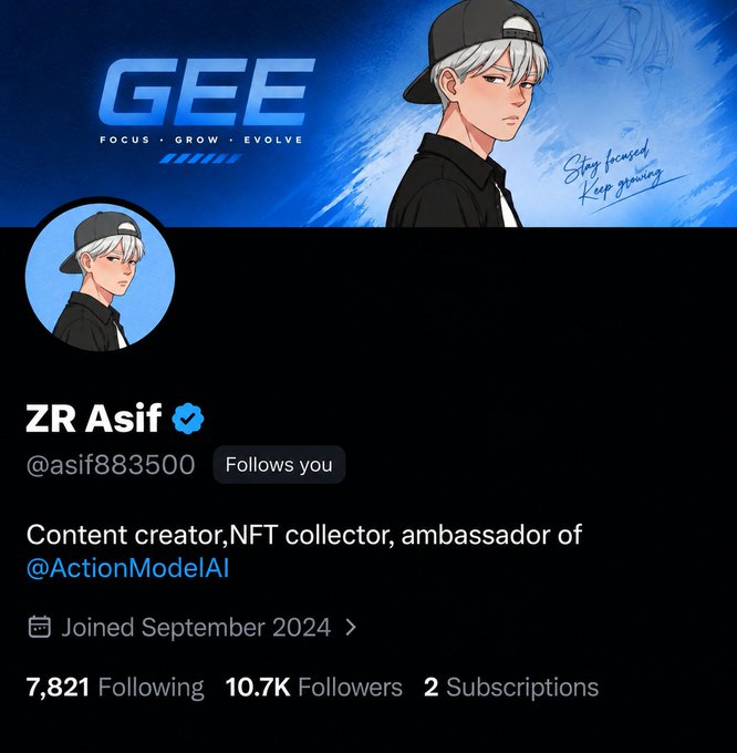 The screenshot displays the Twitter (X) profile of "ZR Asif" (@asif883500), a content creator and NFT collector with the tagline "GEE - Focus, Grow, Evolve" on the banner. The profile shows 10.7K followers alongside the post's mock-critique questioning what the follow count is actually for.