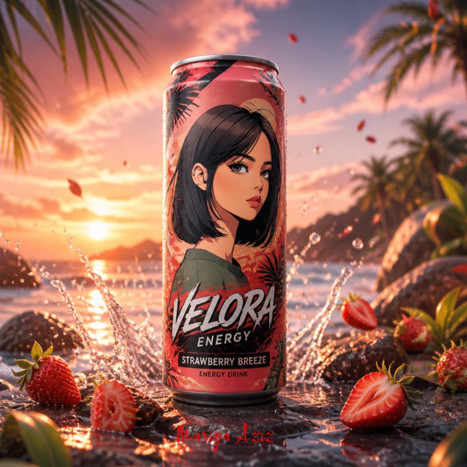 A tall pink can of "VELORA ENERGY - STRAWBERRY BREEZE - ENERGY DRINK" featuring an anime-style illustration of a dark-haired woman stands on a wet rock surrounded by fresh strawberries, splashing water, and a tropical sunset beach backdrop, promoting the upcoming launch of the Velora energy drink.