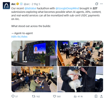 A tweet from @arc (@arc) posted 2 hours ago about a Global AI Hackathon with Google DeepMind involving 227 submissions exploring agent-to-agent transactions, accompanied by photos of the event and a llama.