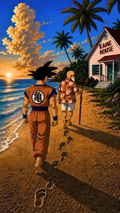 An anime-style illustration shows Goku from Dragon Ball walking on a beach toward Kame House, leaving footprints in the sand behind him, with an older man in a floral shirt and Master Roshi ahead, set against a vibrant sunset and palm trees.
