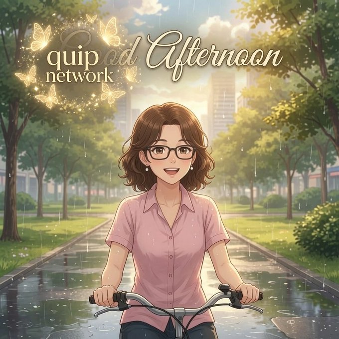 An anime-style illustration of a smiling woman with glasses and brown hair riding a bicycle down a tree-lined path in the rain, with the text 'quip ad Afternoon network' displayed in glowing script with butterfly graphics in the upper left.