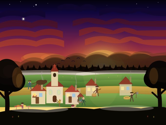 A serene illustration of a small village at dusk, featuring houses, trees, and tiny figures going about their evening under a dramatic red and orange sunset sky, evoking the warm, hopeful start to a new week in the "GM!" greeting.