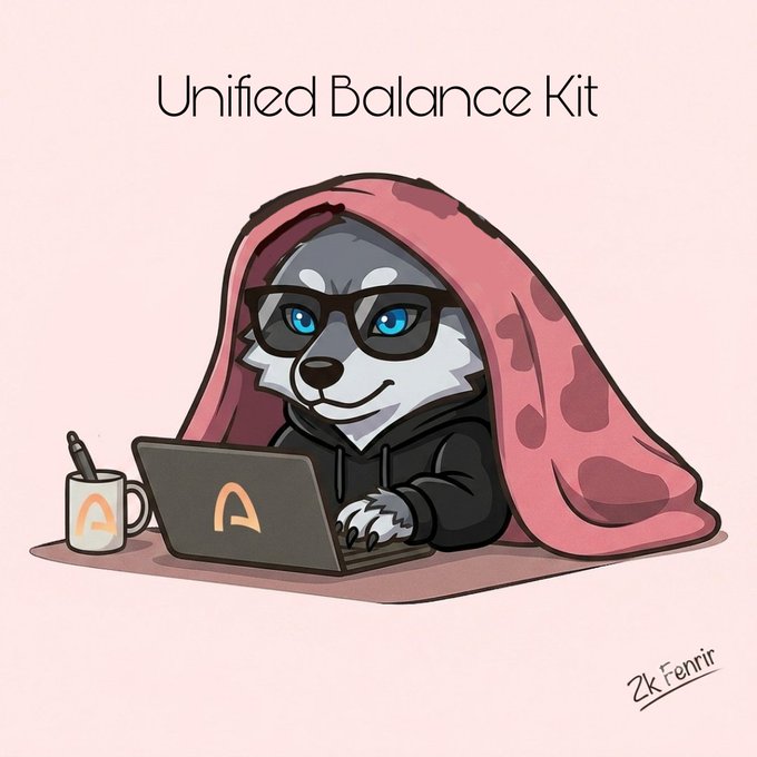A cute cartoon husky wearing glasses and a pink blanket hoodie works diligently on a laptop with an "A" logo, accompanied by a matching mug, while the text "Unified Balance Kit" appears above. The image visually represents Arc's developer-friendly tool that automatically allocates USDC funds across multiple chains, saving developers from manual calculations.