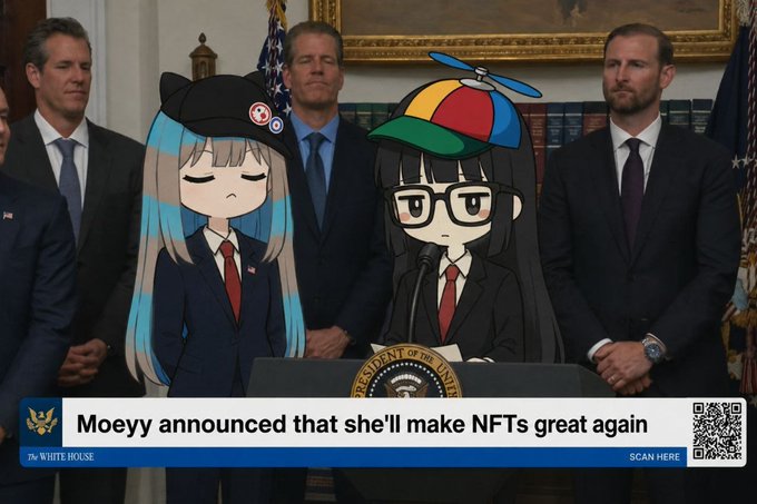 A parody White House press briefing shows two anime-style officials at a presidential podium, while suited officials stand behind them. The lower-third reads, “Moeyy announced that she’ll make NFTs great again,” alongside “The White House” and “SCAN HERE,” referencing Moeyy’s arrival on @RobinhoodCrypto.