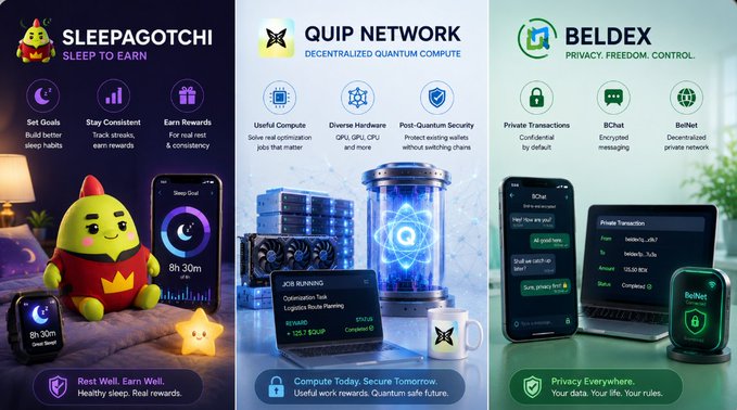 Promotional advertisement showcasing three products: 'SLEEPAGOTCHI Sleep to Earn' featuring a green character, 'QUIP NETWORK Decentralized Quantum Compute' with quantum computing hardware, and 'BELDEX Privacy. Freedom. Control.' displaying secure messaging apps.