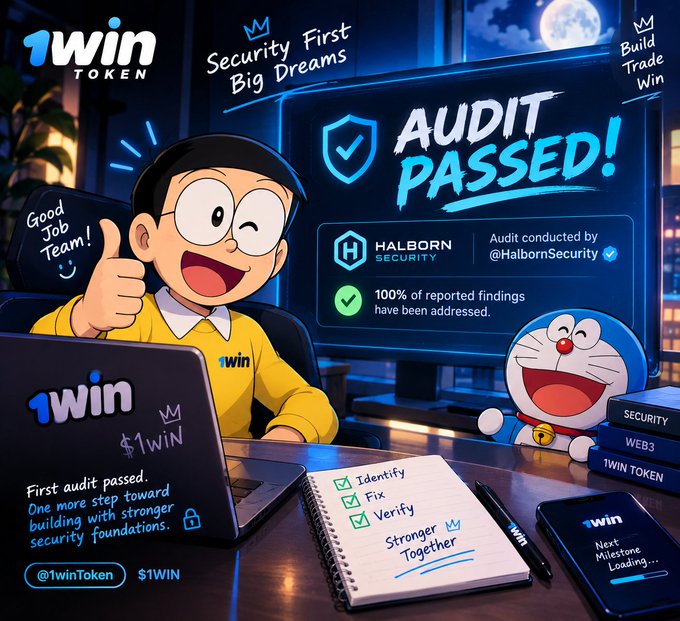 A promotional graphic for 1WIN Token announcing their first security audit passed by Halborn Security, featuring a cartoon character giving a thumbs up alongside a Doraemon-style robot, with text 'Security First Big Dreams' and '100% of reported findings have been addressed.'