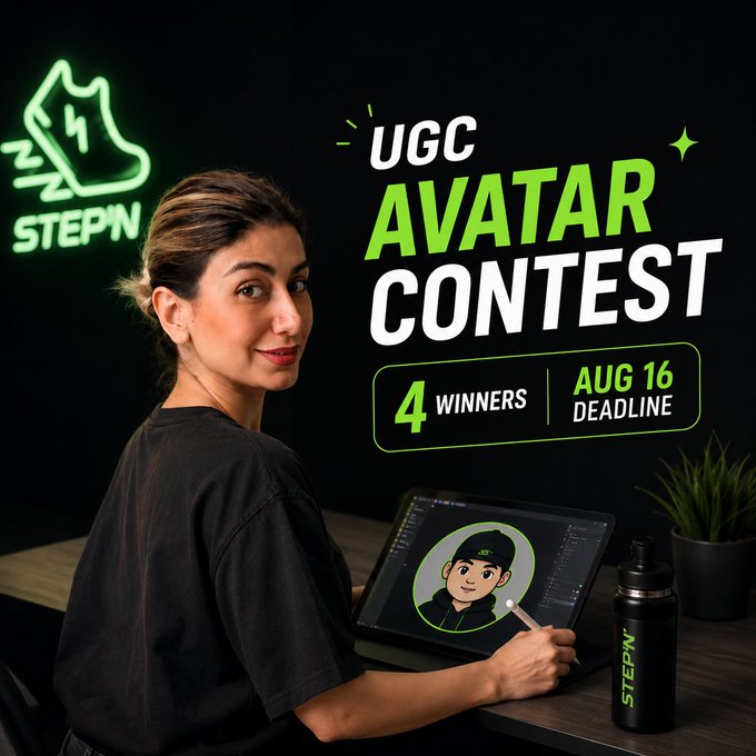A promotional image for a "UGC AVATAR CONTEST" announces "4 WINNERS" and an "AUG 16 DEADLINE," showing a woman using a stylus on a tablet to draw an avatar, with a "STEPN" logo visible in the corner.
