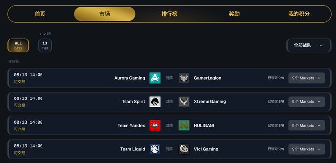 A betting platform interface titled "市场" (Market) displays upcoming Dota 2 matches scheduled for 08/13 at 14:00, featuring matchups such as Aurora Gaming vs GamerLegion, Team Spirit vs Xtreme Gaming, Team Yandex vs HULIGAN!, and Team Liquid vs Vici Gaming, with each match offering 9 Markets for prediction. The image aligns with the post about participating in a "Predictfun Dota event" for strategic betting between morning and afternoon games.