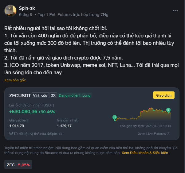 A Binance trading post by Spin-zk explaining why they haven't taken profit on a ZECUSDT long position (+30.46%, +630,080.36 USDT), citing remaining capital, potential for a 300+ price target, and 7.5 years of crypto trading experience since the 2017 ICO era.