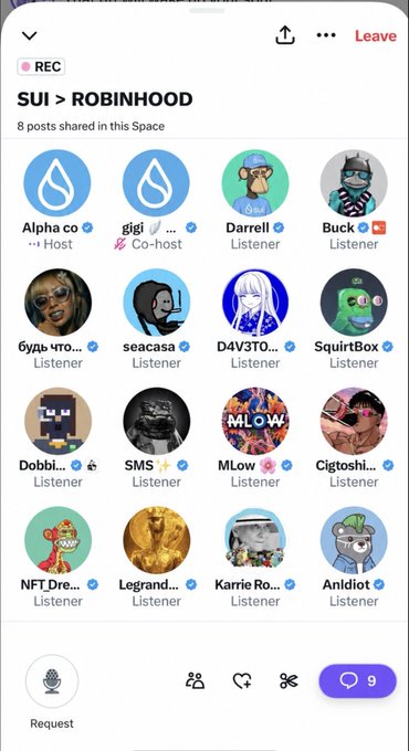 Screenshot of a Twitter/X Space titled 'SUI > ROBINHOOD' with 8 posts shared, showing hosts Alpha and gigi as Host and Co-host, and numerous listeners including Darrell, Buck, seacasa, D4V3JO, SquirrBox, Dobbi, SMS, MLow, Cigtoshi, NFT_Dre, Legrand, Karrie Ro, and AnIdiot.