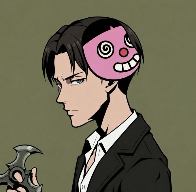 An anime-style character with dark hair wears a pink mask featuring spirals for eyes and a red nose, while holding a black shuriken, paired with the caption "gM cT."
