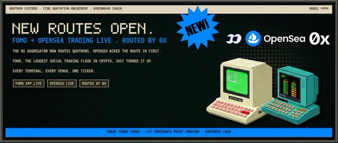 Retro-styled promotional banner with pixel art of vintage computers, advertising 'NEW ROUTES OPEN' for FOMO + OPENSEA TRADING LIVE and ROUTED BY 0X on the Quoteon Systems terminal.