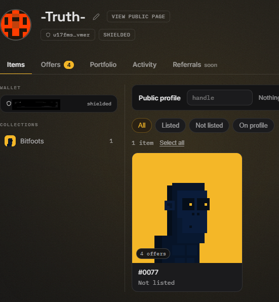 A screenshot of an NFT marketplace profile named '-Truth-' displaying a pixel art 'Bitfoots' NFT collection item #0077 with 4 offers.