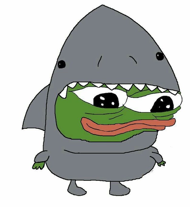 A cartoon image showing a hybrid character with a gray shark head/body and a green Pepe the Frog face inside its open mouth, complete with large sad-looking eyes and pink lips. The whimsical creature pairs perfectly with the bullish "$Sharkfrog" token post, personifying the mascot as it eyes its climb toward a 100k milestone.