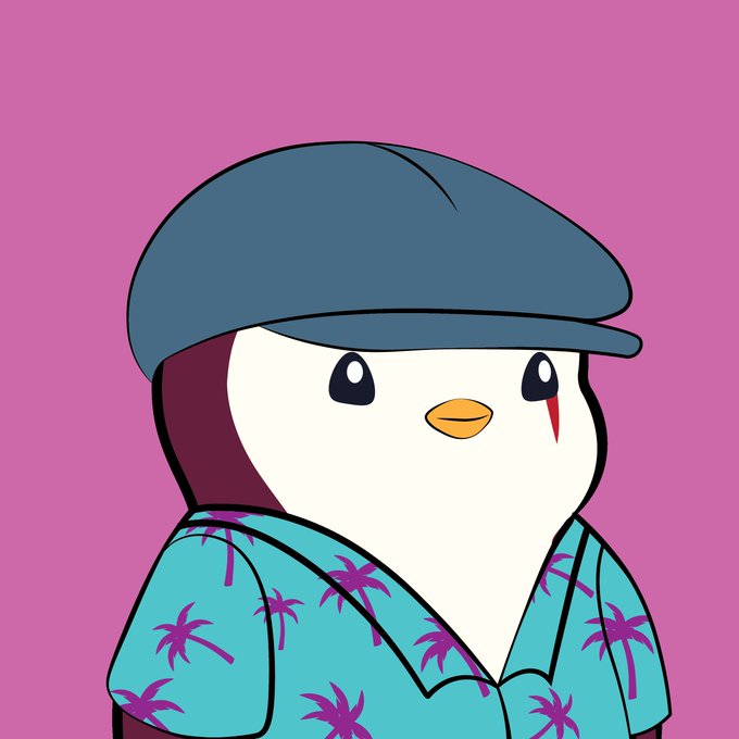A cartoon penguin character wearing a blue flat cap and a turquoise Hawaiian shirt with pink palm trees, set against a pink background.