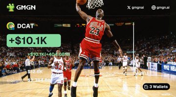 A digital token card displaying '+ $10.1K' for 'DCAT' against a background of basketball player Michael Jordan in his #23 jersey, branded with 'GMGN'.