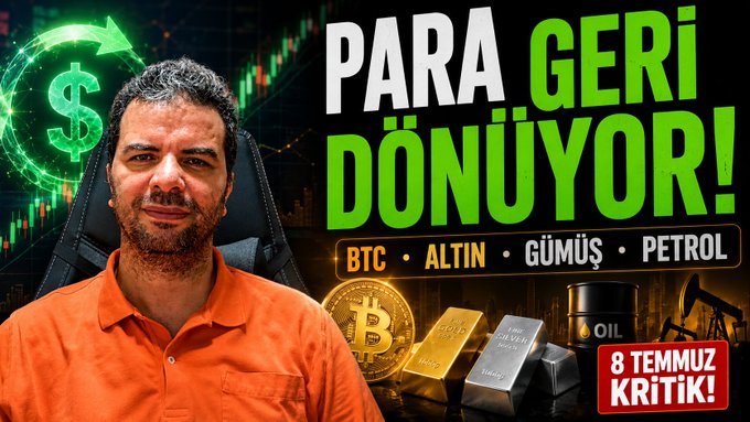 A man in an orange shirt poses in front of a graphic featuring Turkish text "PARA GERİ DÖNÜYOR!" (Money is Coming Back!) alongside imagery of a dollar sign, Bitcoin, gold, silver, and oil barrels, with a label indicating "8 TEMMUZ KRİTİK!" (July 8 Critical!), matching the post's announcement about a critical week for Bitcoin, gold, and silver.