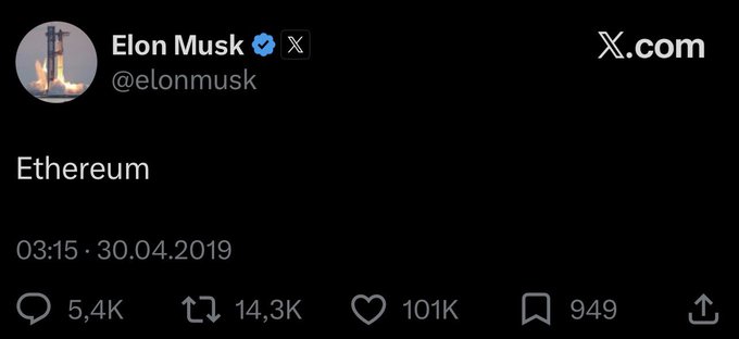 A tweet from Elon Musk (@elonmusk) simply reading 'Ethereum' posted on 30.04.2019 at 03:15, with 101K likes.