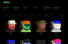 A dark-themed digital dashboard or chart titled 'Sales' displaying colorful pixel-art character icons arranged in rows.