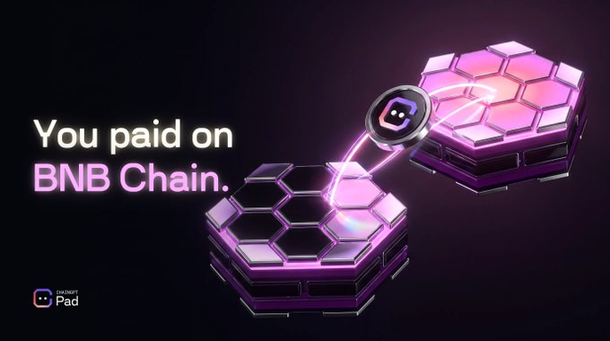 A neon-lit graphic shows two glowing hexagonal platforms connected by an energy beam, with a token icon bridging them, accompanied by the text "You paid on BNB Chain." and the ChainShot Pad logo. The illustration visualizes the post's message about cross-chain token claims—depicting how a purchase on BNB Chain connects to a different home chain where the tokens actually need to be claimed and added to the wallet.