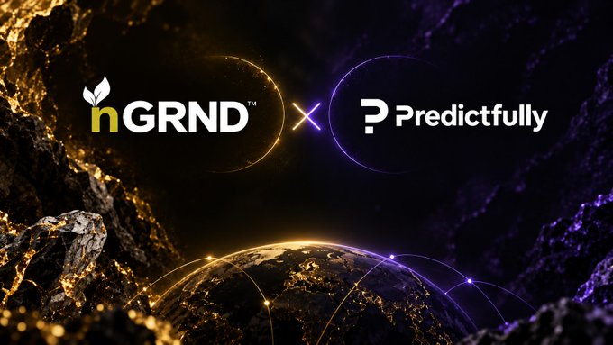 The image showcases a partnership announcement between "nGRND" and "Predictfully," with both logos connected by a glowing "x" against a cosmic backdrop featuring illuminated globes, visually reinforcing the post's message about nGRND DSBT holders joining Predictfully to participate in prediction-based Play to Earn Rewards.