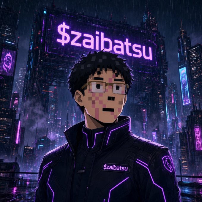 An anime-style illustration of a young man with glasses and pixelated facial features wearing a black jacket with 'Zaibatsu' branding, standing in a futuristic cyberpunk cityscape with a neon '$zaibatsu' sign.