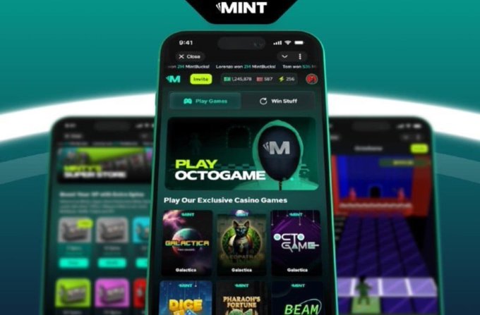 A mobile app screenshot for 'MINT' displaying 'PLAY OCTOGAME' and various casino game options including Galactica and Dice games.
