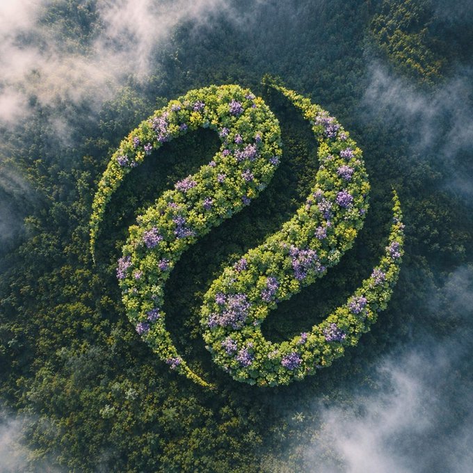 The image features a large, intricate arrangement of trees and flowers that appear to be floating above a forest floor. The scene is composed of two curved lines, one green and one purple, which are connected by numerous smaller branches and leaves. These elements create an illusion of a tree-like structure with the additional touch of grass on top. The image also includes text that reads "touching grass in 4K $INJ". This suggests that the photo was taken at a lower resolution than its actual size to fit within the given constraints, resulting in a smaller and less detailed representation of the scene.