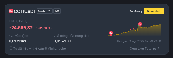 A Binance Futures position chart for COTIUSDT shows a trader suffering a significant loss of -24,669.82 USDT (-126.90%), with entry price 0.0131949 and average closing price 0.0162189, illustrating the post's warning about a short position gone wrong when the market moved against expectations.