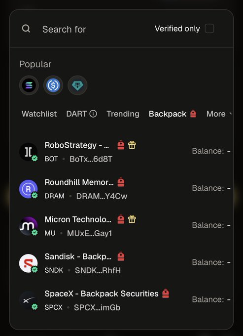 A dark-themed mobile app interface displaying a watchlist with tickers including a 'RoboStrategy' BOT token, Roundhill Mem... (DRAM), Micron Technology (MU), Sandisk (SNDK), and SpaceX (SPCX), all marked with lock icons.