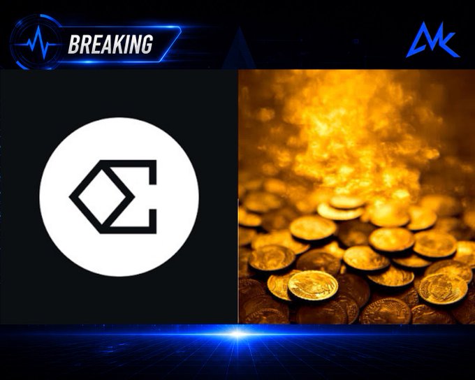 A breaking news graphic featuring a cryptocurrency logo on the left and a pile of gold coins on the right, with the word 'BREAKING' displayed at the top.