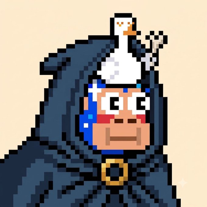 Pixel art illustration of a character in a dark hooded cloak with a white duck on his head, featuring a blue eye patch and a gold brooch.