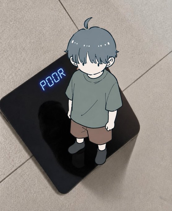 An illustration of an anime-style character with blue hair standing on a digital scale that displays the word 'POOR' in blue text.