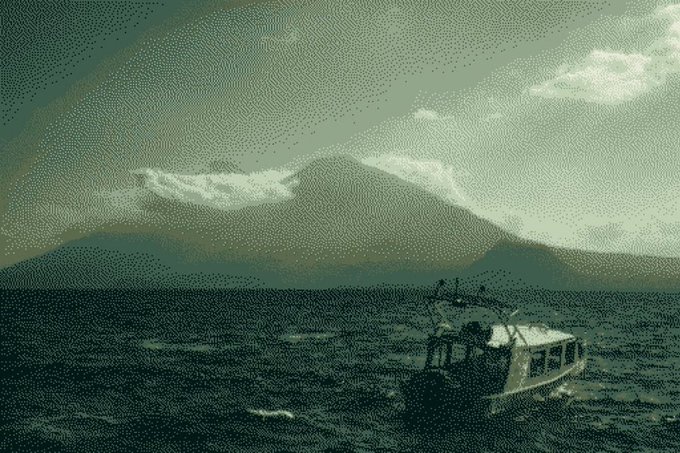 A stylized, grainy green-toned image shows a small boat on the ocean with a large mountain or volcano rising in the background beneath a cloudy sky.