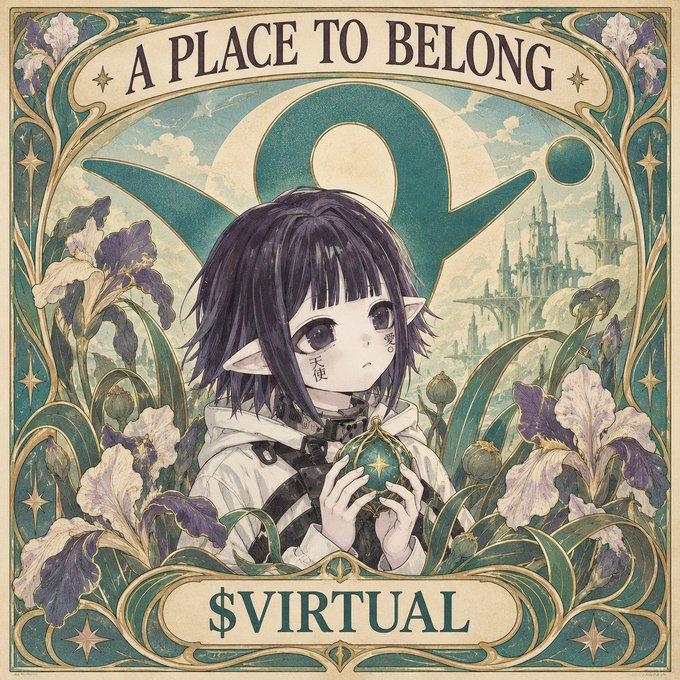 An anime-style illustration features a dark-haired character with pointed ears holding a glowing object, surrounded by irises and framed by the text 'A PLACE TO BELONG' at the top and '$VIRTUAL' at the bottom.