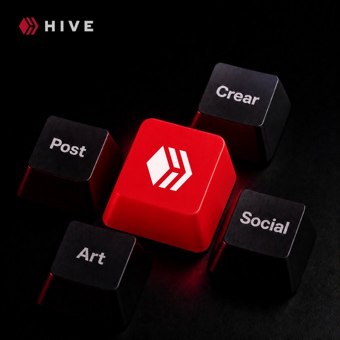 A promotional graphic for the Hive blockchain featuring its logo and four black keyboard-style keys labeled 'Post', 'Art', 'Crear', and 'Social' arranged around a central red key with the Hive symbol.