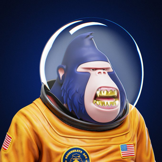 A 3D rendered illustration of a gorilla wearing a yellow astronaut suit with American flag patches and a 'Dreamers Ape' logo, featuring gold teeth and a clear space helmet.