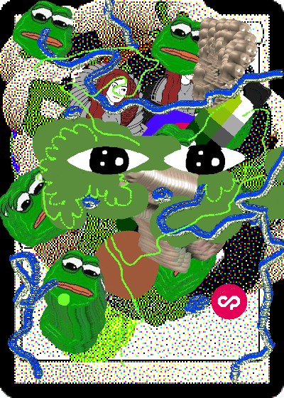 A chaotic digital artwork features multiple Pepe the Frog illustrations intertwined with blue snakes, abstract shapes, and textured elements on a dotted background.