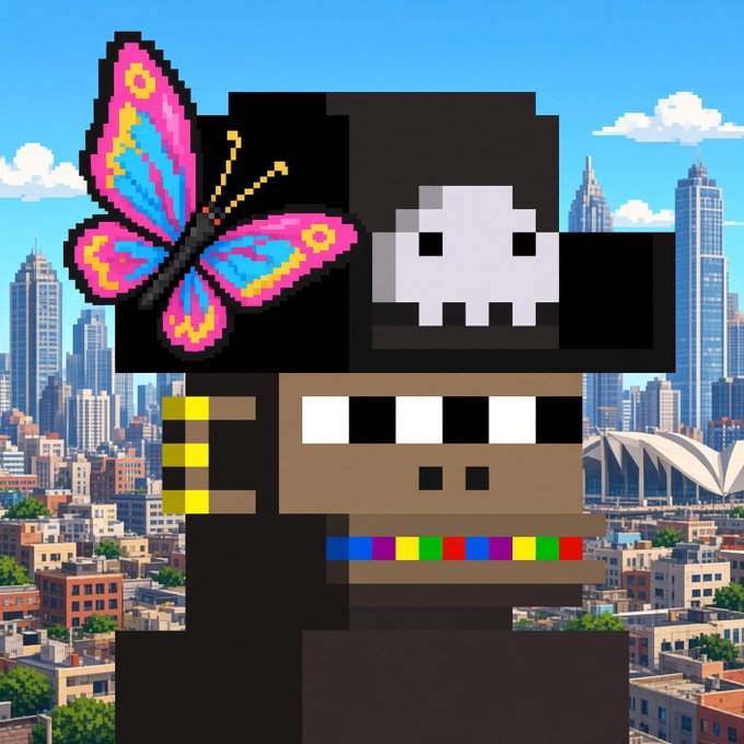 A pixel art character with a black cap, brown skin, and a colorful butterfly perched on its head, set against a city skyline backdrop.
