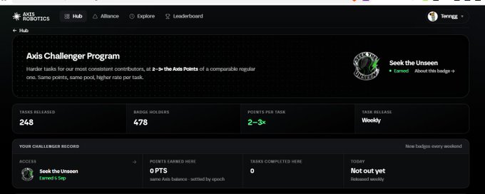 A screenshot of the Axis Robotics website showing the 'Axis Challenger Program' hub with 248 tasks released, 478 badge holders, and a user record showing 'Seek the Unseen' with 0 PTS earned.