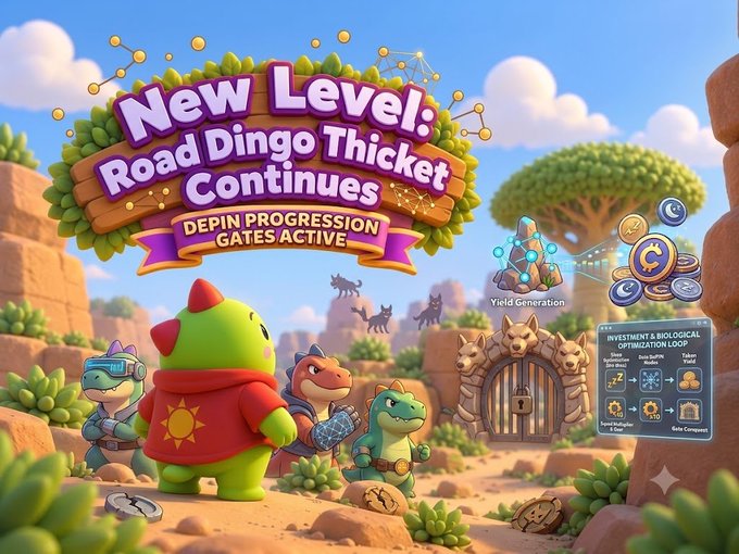 A promotional graphic for a game update reading 'New Level: Road Dingo Thicket Continues - Depin Progression Gates Active' featuring cartoon dinosaur characters in a desert landscape.