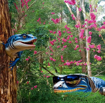 Two blue cartoon dinosaurs wearing sunglasses in a lush garden setting with vibrant pink flowers and green foliage, one perched on a tree trunk and the other among the bushes.