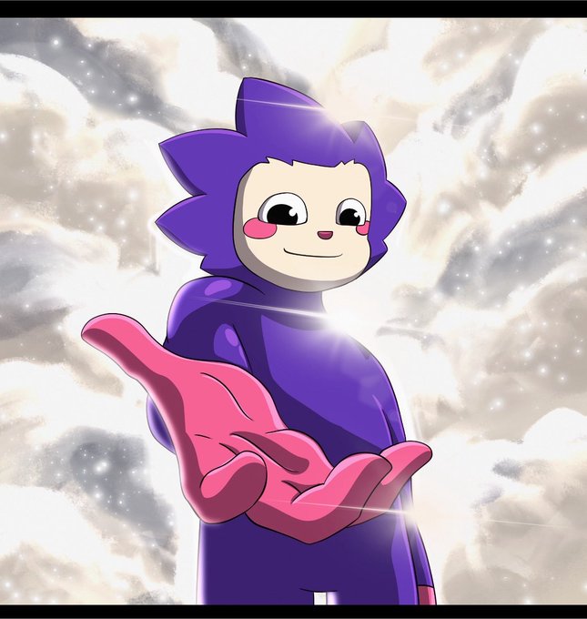 An animated illustration of a purple, spiky-haired character with rosy cheeks and a wide smile, holding out an oversized pink hand against a cloudy, starry sky.