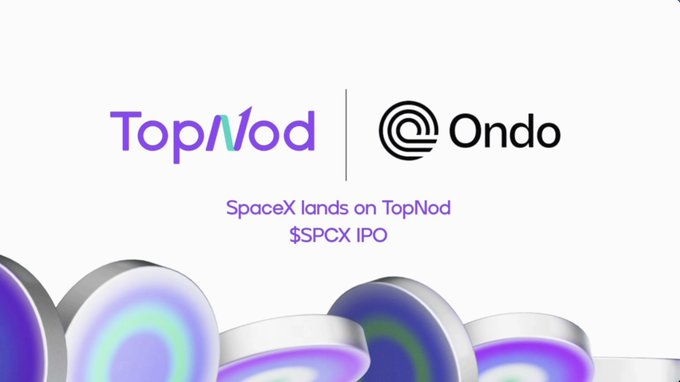 The image features a white background with purple circles scattered across it, creating an abstract design. The text "Top/Vod" and "OndoFinance" are written above the circles, while "SpaceX lands on TopNod" is below them. The caption reads "The biggest IPO in history. Tomorrow, it goes onchain. $SPCX by @OndoFinance lands on TopNod the same day it hits Nasdaq." This suggests that a new tokenized SpaceX exposure has been launched and is now available for investors to participate in.